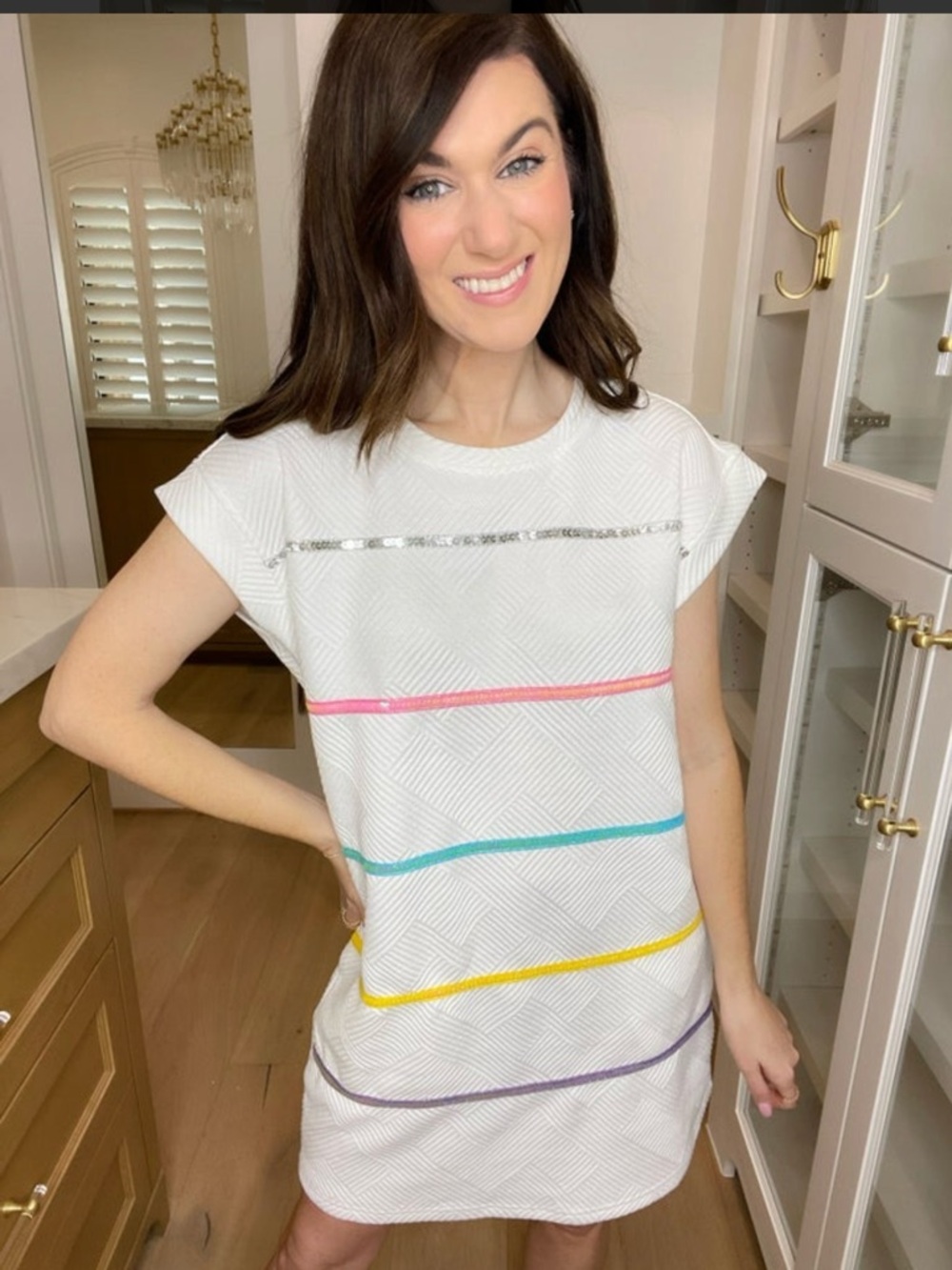 Entro White Textured Shift Dress with Pastel Sequin Stripe Accents - Picture 6 of 7
